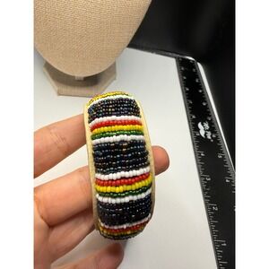 Handmade Seed Bead Leather Bangle Bracelet Multi Color Boho Tribal Cuff Wide
